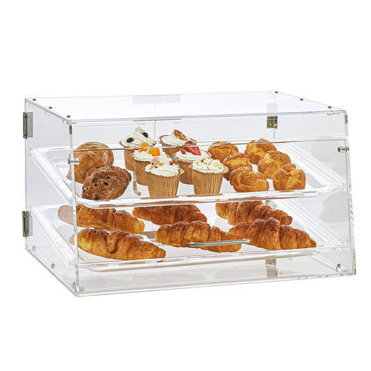 Displaycase Acryl – Gebaksvitrine – Snoepdispenser – Brooddisplay – Donutvitrine – 2 Etages Met Verwijderbare Trays – Roestvrijstalen Handgrepen