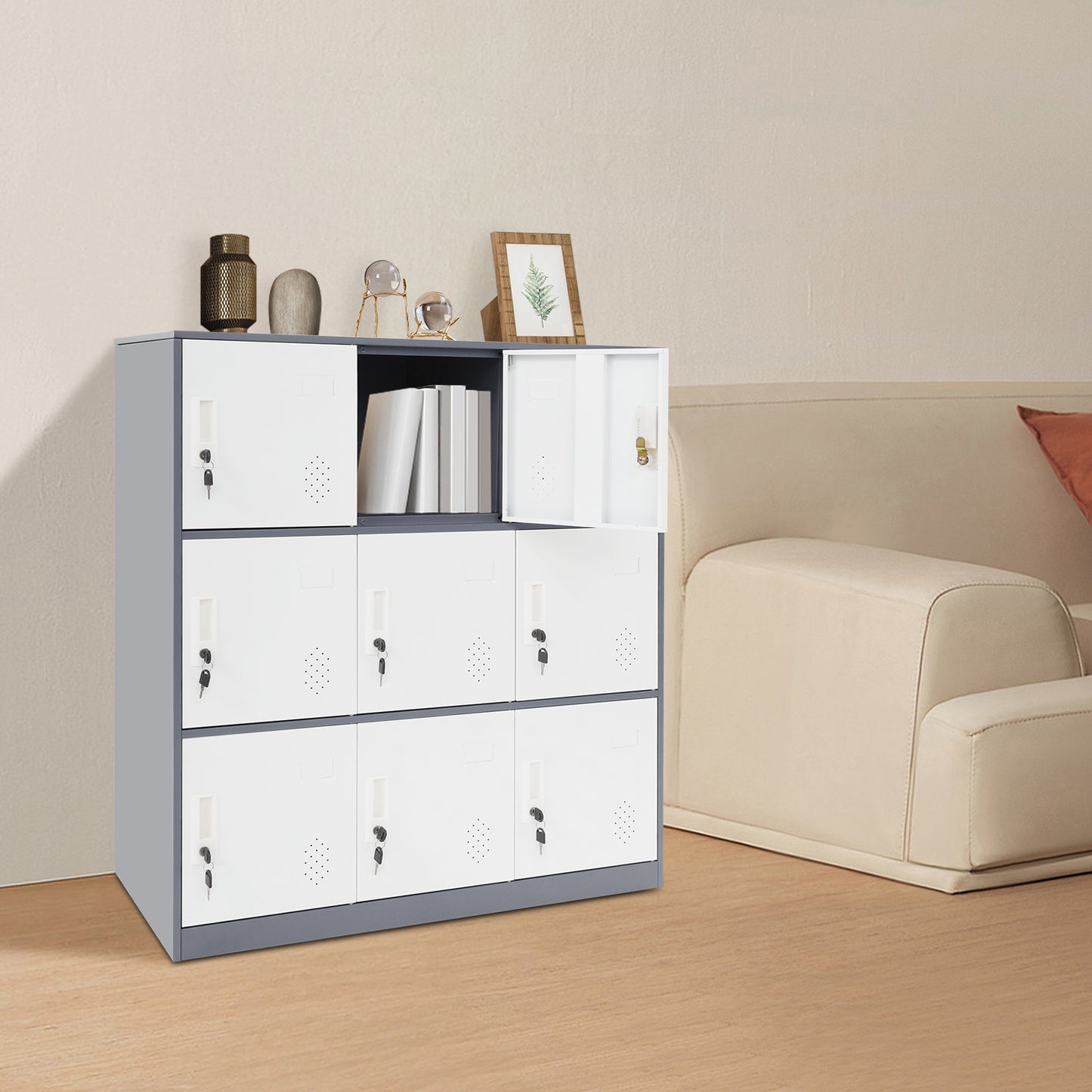 9-Door Heavy-Duty Lockable Metal Storage Cabinet with Card Slots & Key Lock - Modern & Gray Contemporary Floor-Standing Office Cabinet, 9-Slot Organizer for Home Office, School, Business - Easy Assembly, No Electrical Require