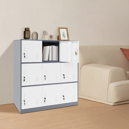 9-Door Heavy-Duty Lockable Metal Storage Cabinet with Card Slots & Key Lock - Modern & Gray Contemporary Floor-Standing Office Cabinet, 9-Slot Organizer for Home Office, School, Business - Easy Assembly, No Electrical Require