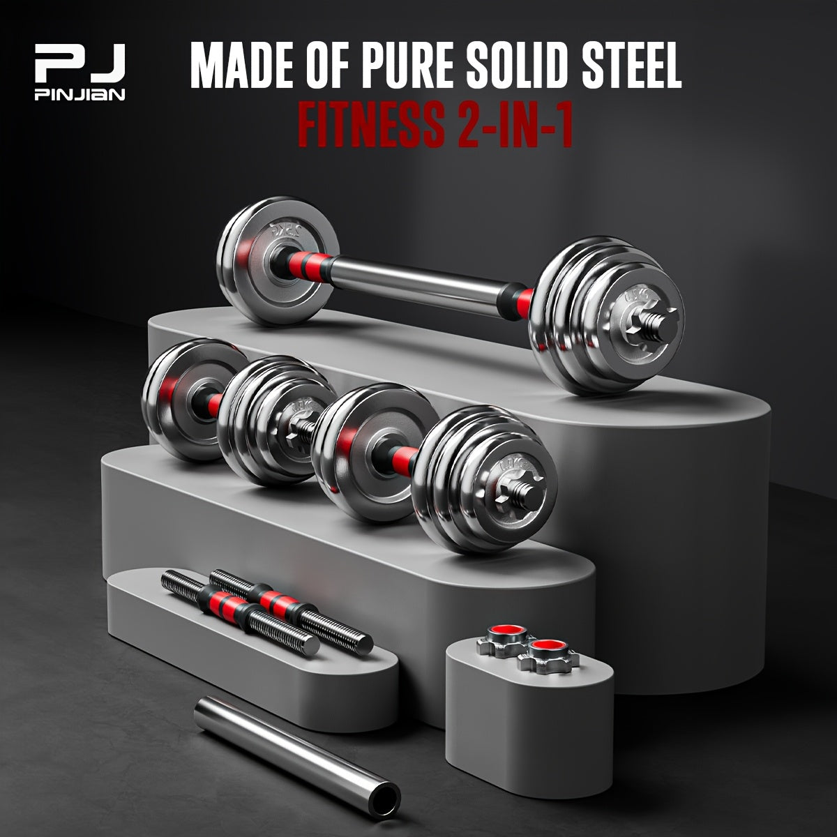 PJ Fitness Chrome Dumbbell Set, Adjustable Weight - Dumbbell, Barbell Combination, Up to 14.97KG, Metal Link Used As Barbell, Chrome Weight, Hardcover Gift Box, Men's And Women's Home Gym Workout Training Equipment Common