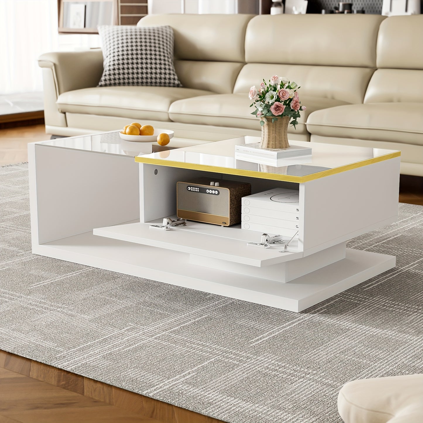 Contemporary 90cm Long High-Gloss White Coffee Table with Glass Top - Sturdy Metal Frame, Side Table & Coffee Table in One, No Assembly Required, Perfect for Living Room or Office, Coffee Table Decor, Versatile Furniture, Min