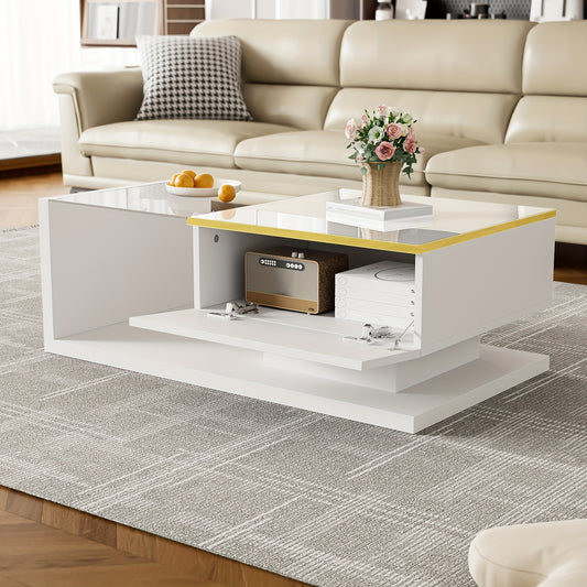 Contemporary 90cm Long High-Gloss White Coffee Table with Glass Top - Sturdy Metal Frame, Side Table & Coffee Table in One, No Assembly Required, Perfect for Living Room or Office, Coffee Table Decor, Versatile Furniture, Min