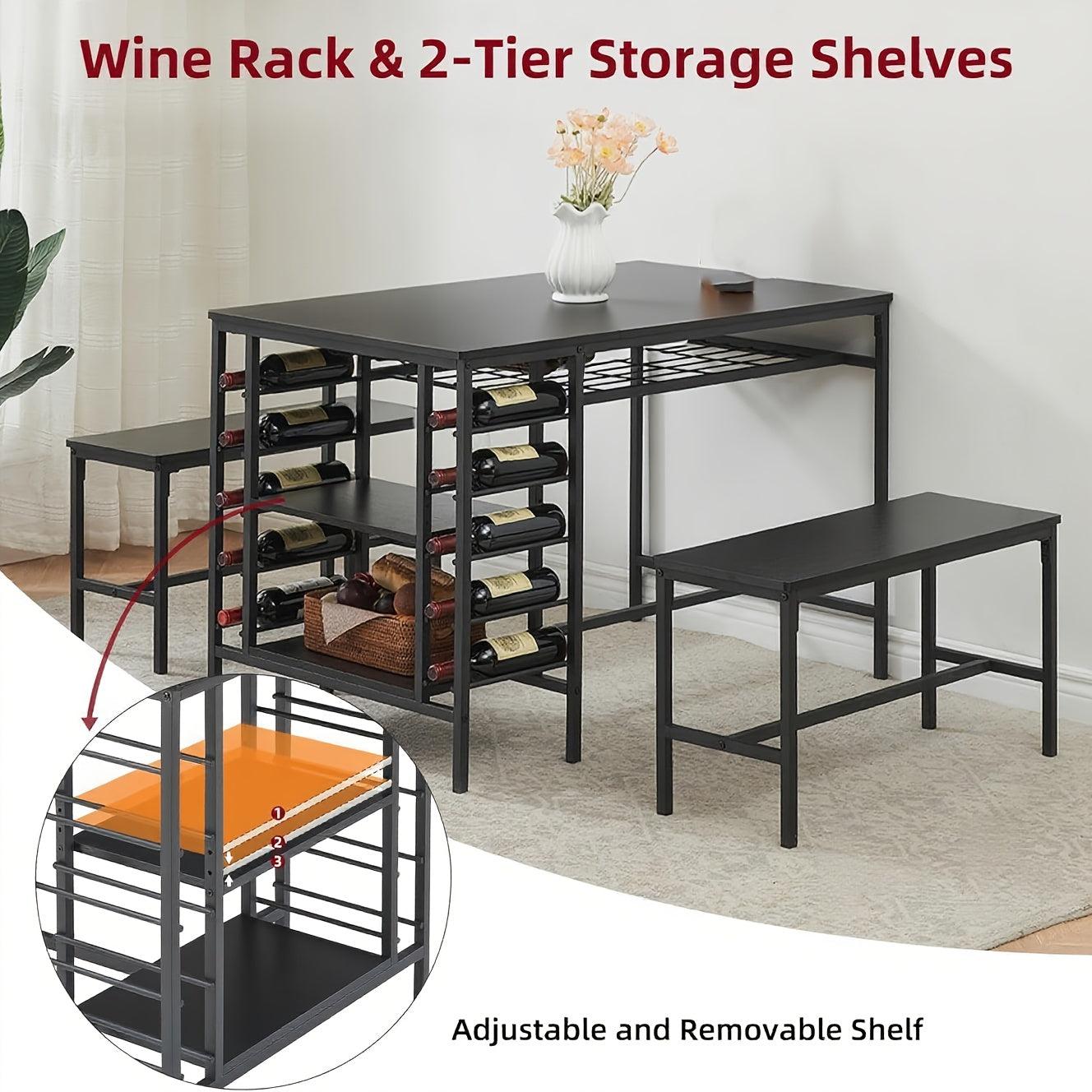 Eettafelset voor 4 Personen – Eettafel met Banken – Keukentafel – Dinette – Tafel met Opbergruimte – Zwart – Inclusief Wijnrek en Compact Ontwerp