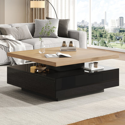 Draaibare Salontafel – Vierkante Tafel – Bijzettafel – Opbergtafel – Bamboe Tafel – 360° Draaibaar – Dubbelzijdige Opbergruimte – Zwart Hoogglans