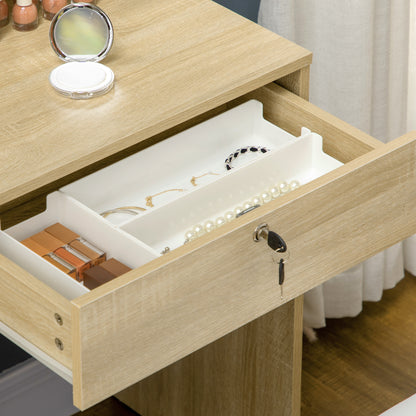 Dressing Table – Kaptafel – Make-up Tafel – Schminktafel – Toilette – Grote Spiegel – 4 Lades & Open Opbergruimte – Natuurlijk Hout