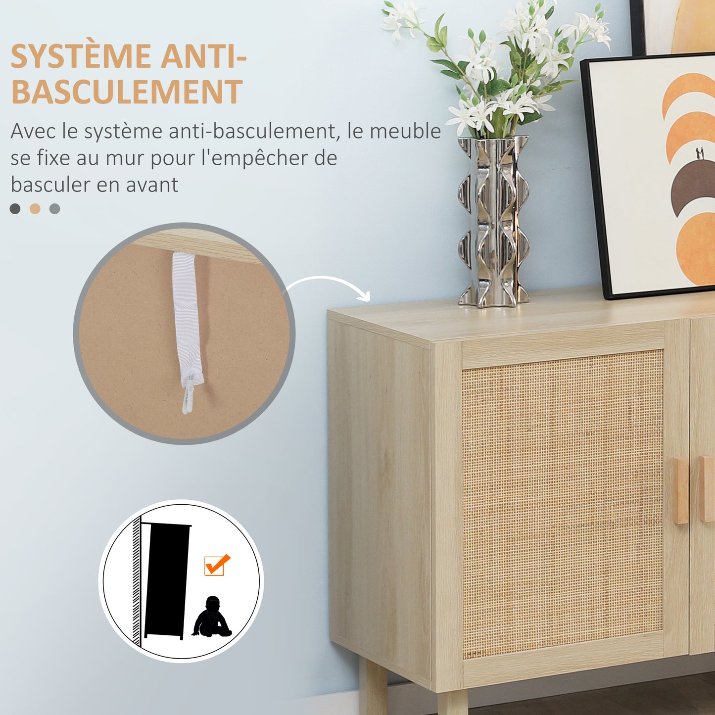 Dressoir – Opbergkast – Buffetkast – Ladekast – Kast – Bohemien Stijl – Hout Met Gevlochten Rieten Deuren – 136x41x70 cm – Verstelbare Planken