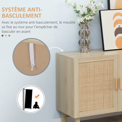 Dressoir – Opbergkast – Buffetkast – Ladekast – Kast – Bohemien Stijl – Hout Met Gevlochten Rieten Deuren – 136x41x70 cm – Verstelbare Planken