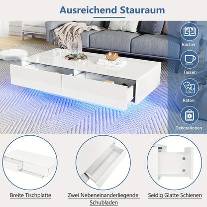 Salontafel – Woonkamertafel – Koffietafel – Bijzettafel – Tafeltje – Hoogglans Wit – 115x55x34 cm – 2 Lade Opbergruimte – Draagvermogen 30 kg
