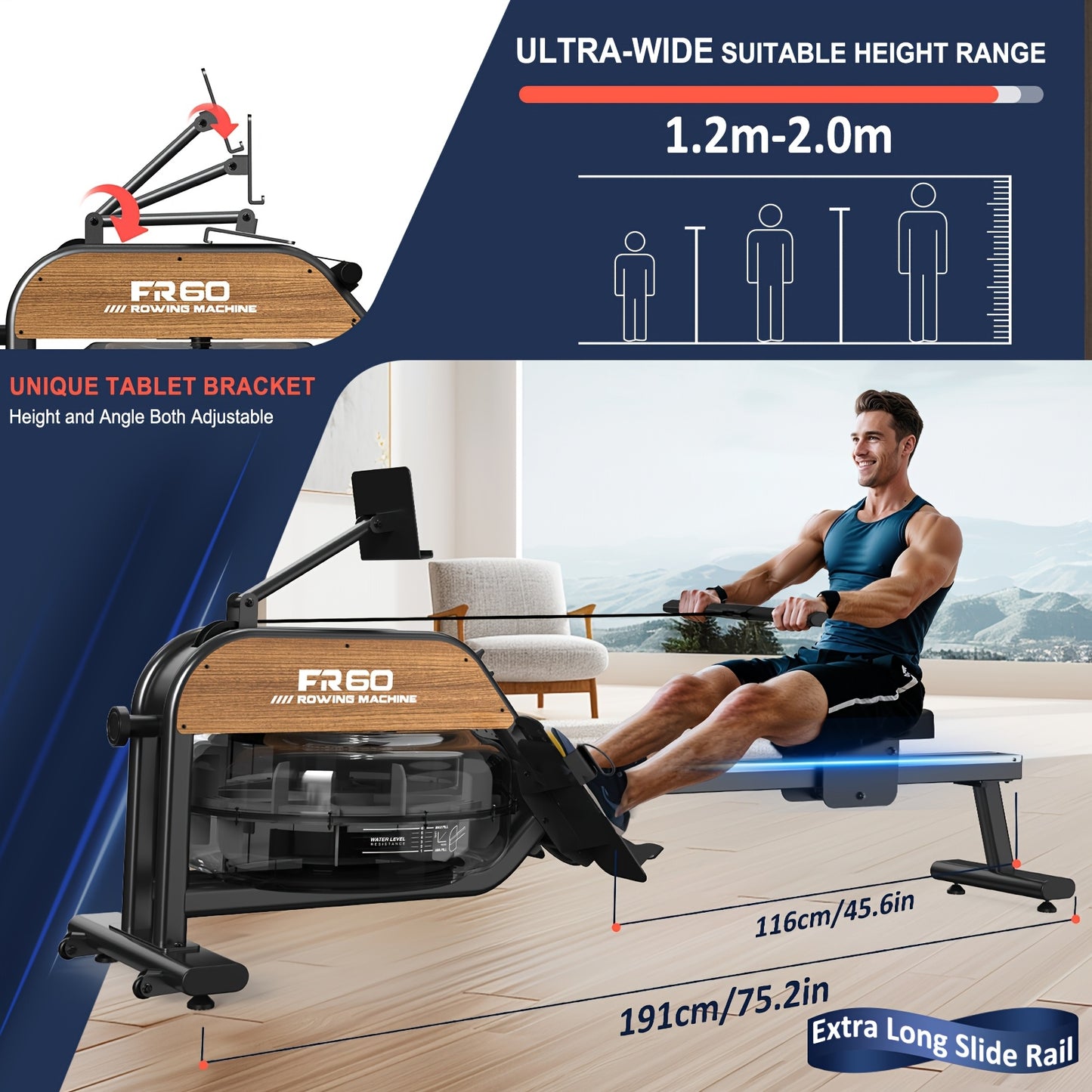 Water Roeimachine – Roeitrainer – Fitness Roeimachine – Home Gym Roeier – Indoor Rower – 28L Waterweerstand – LED Display Met Tablet Houder – Zwart