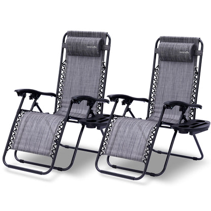 Loungestoel – Fauteuil – Relaxstoel – Tuinstoel – Zitzak – Set van 2 – Verstelbaar Met Afneembare Bekerhouders – Vouwbaar En Weerbestendig - Grijs