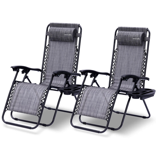 Loungestoel – Fauteuil – Relaxstoel – Tuinstoel – Zitzak – Set van 2 – Verstelbaar Met Afneembare Bekerhouders – Vouwbaar En Weerbestendig - Grijs