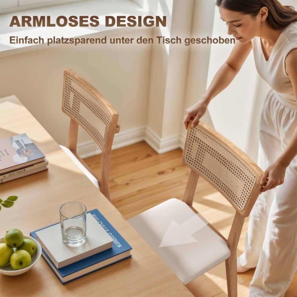 Eetkamerstoel – Keukenstoel – Stoel – Tafestoel – Rattan Rugleuning – Kunstleren Zitting – Rubberwood Frame – Natuurlijk Design