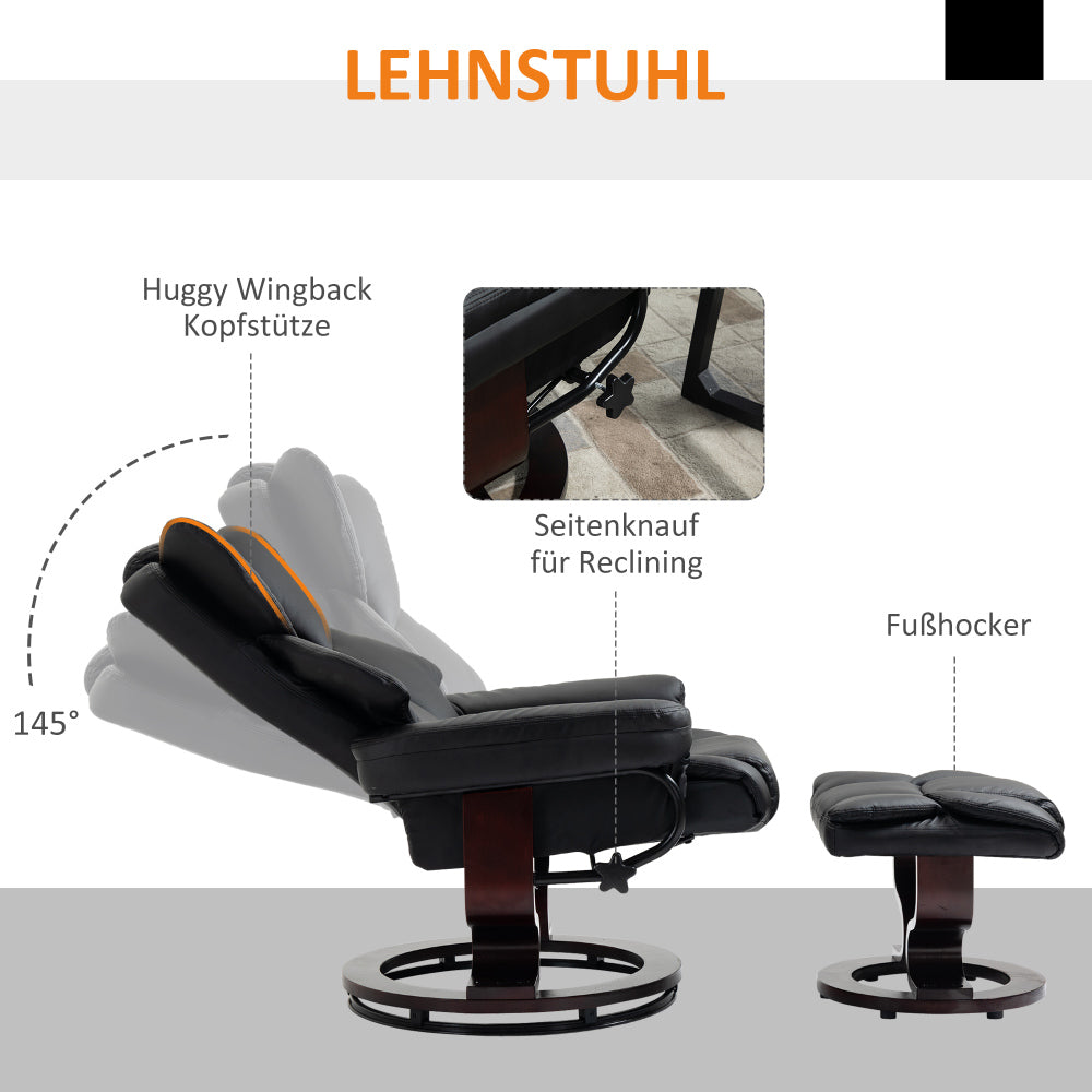 Relaxstoel – Fauteuil – Kuipstoel – Loungechair – Draaistoel – 360° Draaibaar – Handmatig Verstelbare Rugleuning tot 145° – Zwart Kunstleer met Voetsteun – Stevige Metalen Basis