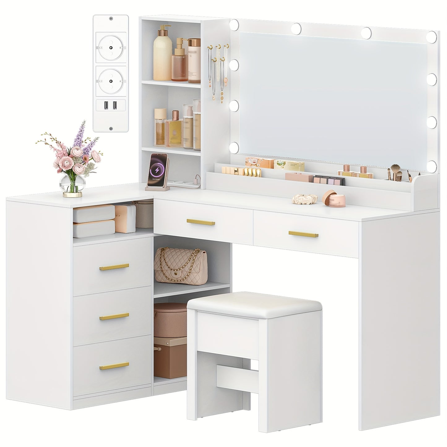 Hoekkaptafel – Kaptafel – Make-uptafel – Schminktisch – Dressingtable – Wit – Grote Spiegel 80 cm – Vijf Lades Met Opbergruimte