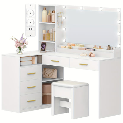 Hoekkaptafel – Kaptafel – Make-uptafel – Schminktisch – Dressingtable – Wit – Grote Spiegel 80 cm – Vijf Lades Met Opbergruimte