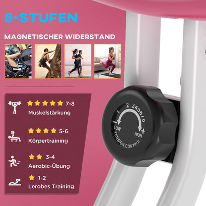 Hometrainer – Fitnessfiets – Ergometer – Trapkracht Trainer – Indoor Bike – 8-traps Magnetische Weerstand – Verstelbaar Zitje en Rugleuning – Roze/Wit – Stalen Frame – Compact Opvouwbaar