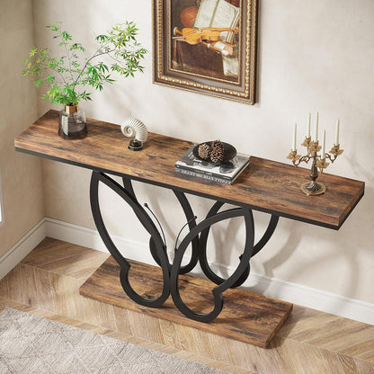 Landelijke Sidetable – Haltafel – Wandtafel – Sofatafel – Console – 140 cm Breed – Met Vlinder Metaalframe – Robuust Hout – Verstelbare Voetjes – Rustic Bruin & Zwart