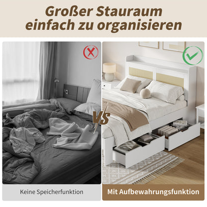 Bedkasten – Opbergbed – Tweepersoonsbed – Massief Houten Bed – Opbergladen – 140x200 cm – Rattan Decoratie – Ruime Opberglades