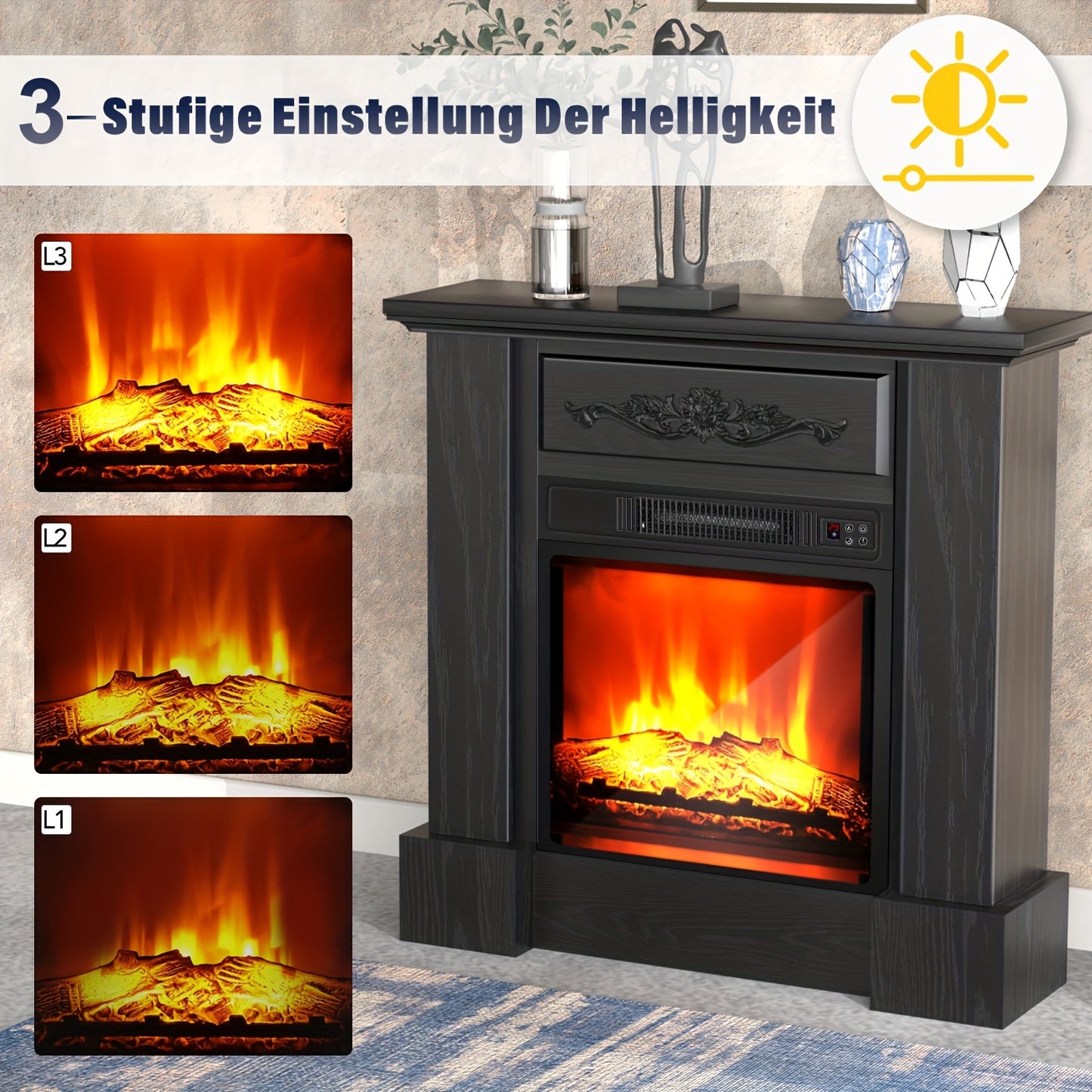 Elektrische Haard – Haardmeubel – TV Meubel – Sfeerkachel – Infraroodkachel – Zwart – 2000W Verwarming – Realistisch Vlameffect