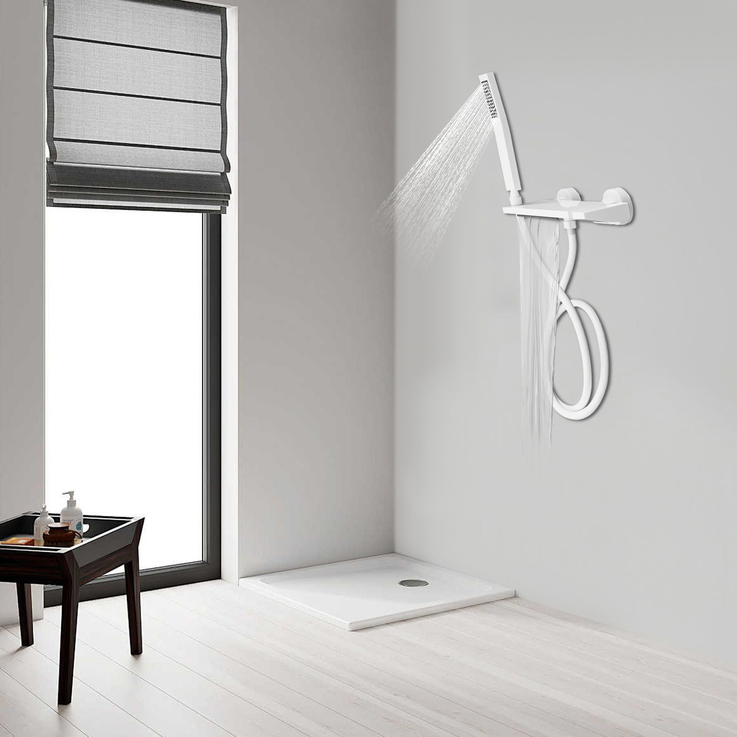 Modern White Waterfall Bath Tap with Hand Shower - Brushed Nickel Finish Bathtub Faucet, Single Handle Control, Wall-Mounted Design, Easy Installation with Included Hardware, Durable & Corrosion-Resistant for Spa-Like Bathing