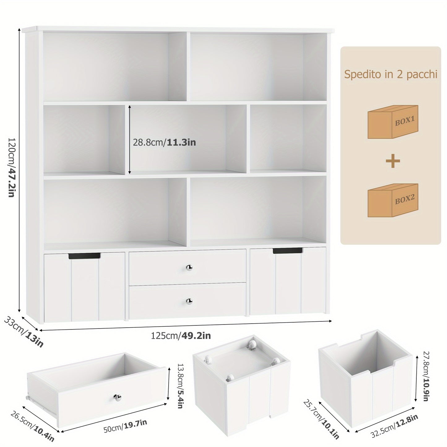 Boekenkast – Opbergkast – Vakkenkast – Wandkast – Boekenrek – 4-laags met Afsluitbare Lades – Stevig Houten Frame met Wieltjes