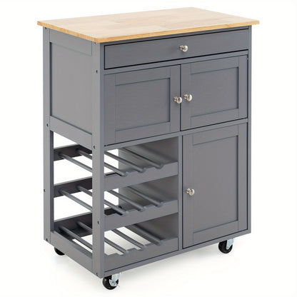 Keukentrolley – Serveerwagen – Keukenwagen – Opbergtrolley – Rolwagen – Houten Frame – 3 Lagen Met Lade – Wieltjes – Compact 87x67x37 cm – Massief Dennehout & MDF