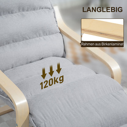 Loungestoel – Fauteuil – Relaxstoel – Leunstoel – Zithoekstoel – Massief Berkenhout – Verstelbare Voetensteun – Lichtgrijze Stoffering – Modern Design