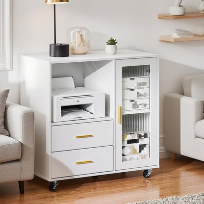 Kantoorkast – Opbergkast – Bureaukast – Mobiele Kast – Ladenkast – Met Wieltjes en Glasdeur – Compact 75x40x76 cm – MDF Stevig