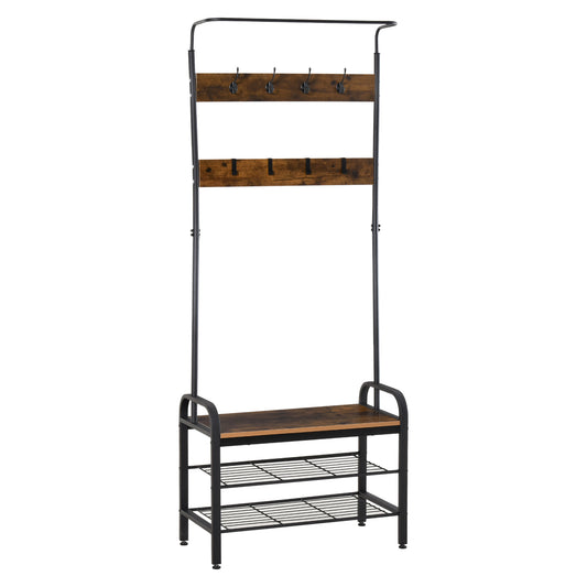 Kapstok – Garderoberek – Staande Kapstok – Schoenenrek – Kledingstandaard – Zwart MDF – 8 Haken & 2 Planken – 72 x 34 x 185 cm