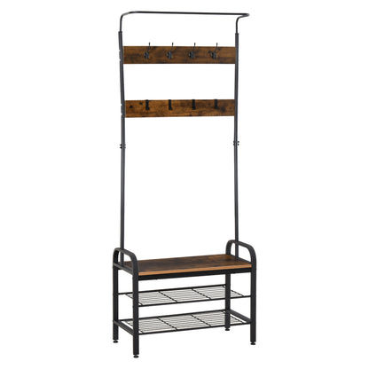 Kledingstandaard – Kapstok – Jassenrek – Schoenenrek – Garderoberek – Zwart – Compact 72x34x185 cm – 8 Haken en 2 Legplanken