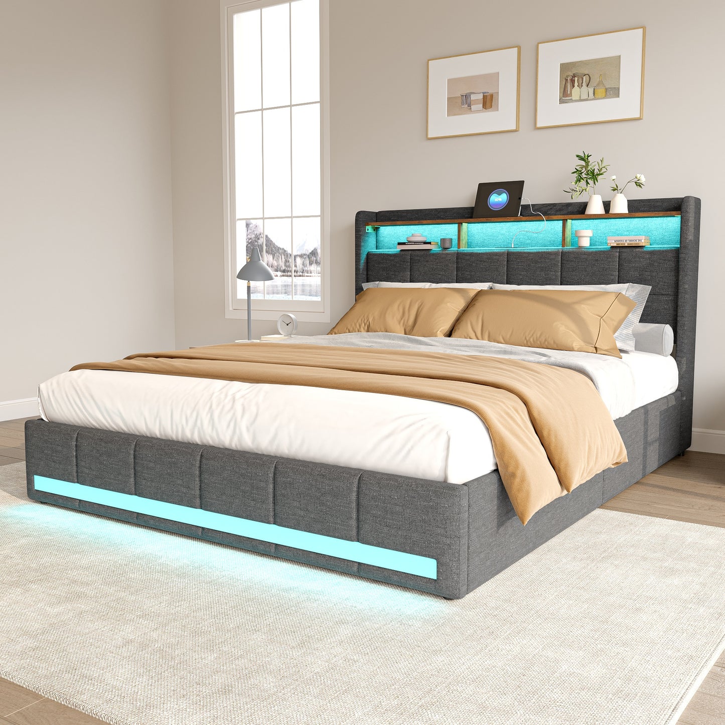 Double Bed with Storage, LED Lighting, 4 Drawers, Storage Function, USB Charging, Quick Assembly, Metal And Linen Bed Frame, Classic, for Adults, Ideal for 8Mj4Txd Bedroom.