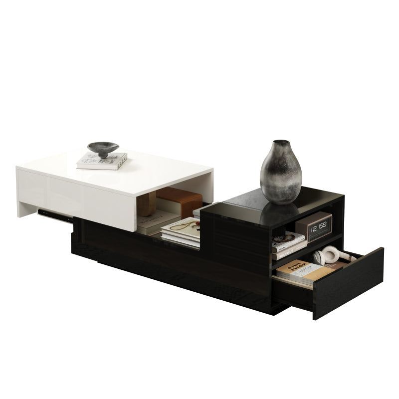 Salontafel – Koffietafel – Woonkamertafel – Dressoirtafel – Bijzettafel – Hoogglans Spaanplaat – Grote Opberglade Met Schuifplaat – Geometrisch Zwart-Wit Design