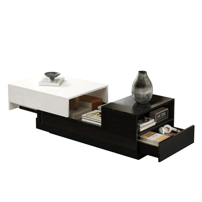 Salontafel – Koffietafel – Woonkamertafel – Dressoirtafel – Bijzettafel – Hoogglans Spaanplaat – Grote Opberglade Met Schuifplaat – Geometrisch Zwart-Wit Design