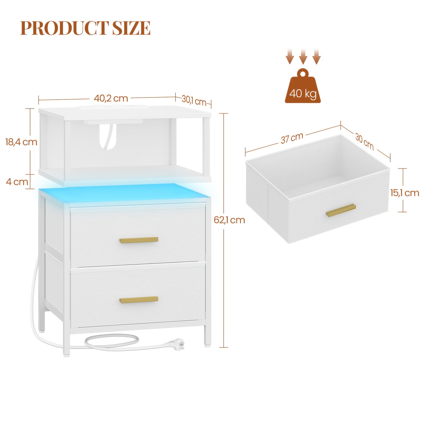 Clothing & Closet Storage, Side Table, Side Table WIth 2 Fabric Drawers And Shelves, Bedside Table For Bedroom, Living Room, Modern, 30.1 X 40.2 X 62.1 Cm, White, Mounted Closet Systems - QUORE