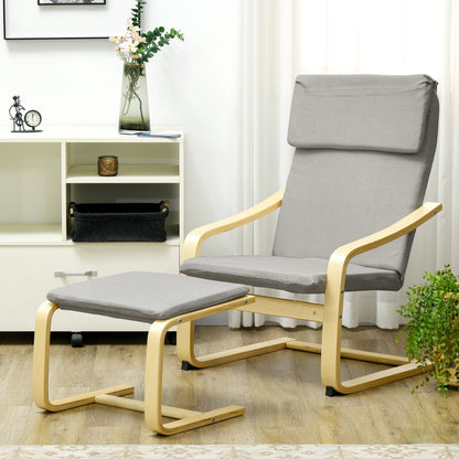 Loungestoel – Fauteuil – Relaxstoel – Zetel – Armstoel – Linnenlook Stof – Houten Frame – Incl. Voetenbankje – Max 120 Kg – Lichtgrijs/Natuur