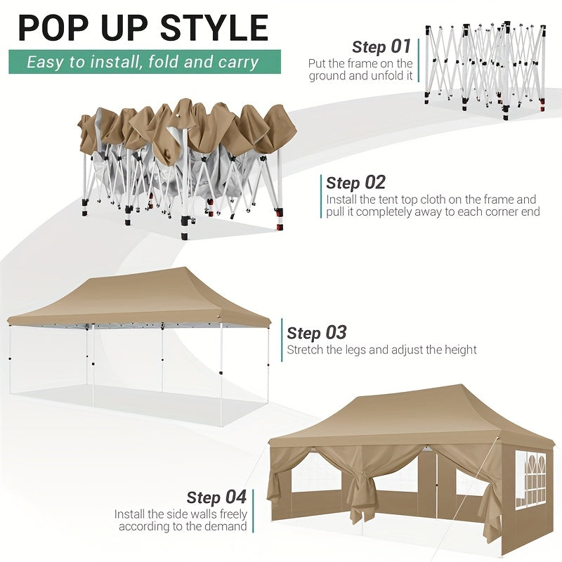 Tent – Partytent – Opzettent – Glamping Tent – Kampeertent – 3x6 Meter – Inclusief 6 Zijwanden – UV 50+ Bescherming – Pop-up Snel Opzetten – Blauw - QUORE