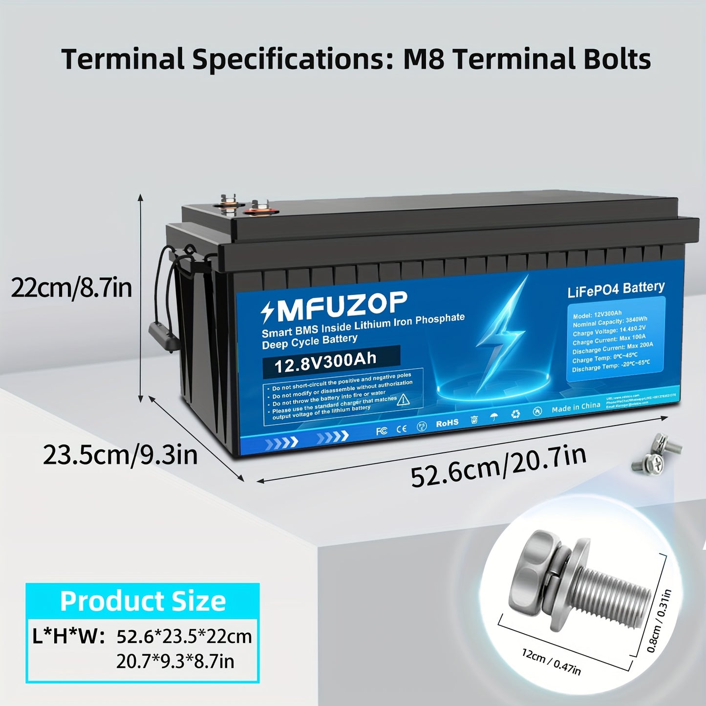 lithium accu – LiFePO4 batterij – deep cycle accu – zonne-energie accu – camper accu – 12.8V 300Ah – ingebouwd BMS – lage temperatuur bescherming