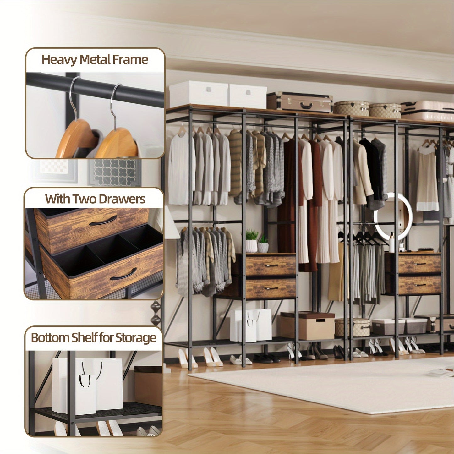 Heavy Duty Kledingrek – Kledingstandaard – Garderoberek – Kledingwagen – Kast Organizer – Met Stofbestendige Gordijn En Laden – Industrieel Design 149,5x50x214 cm
