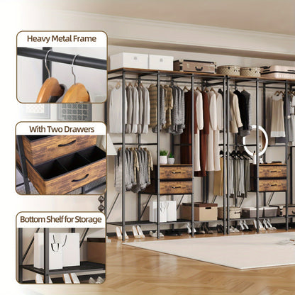 Heavy Duty Kledingrek – Kledingstandaard – Garderoberek – Kledingwagen – Kast Organizer – Met Stofbestendige Gordijn En Laden – Industrieel Design 149,5x50x214 cm