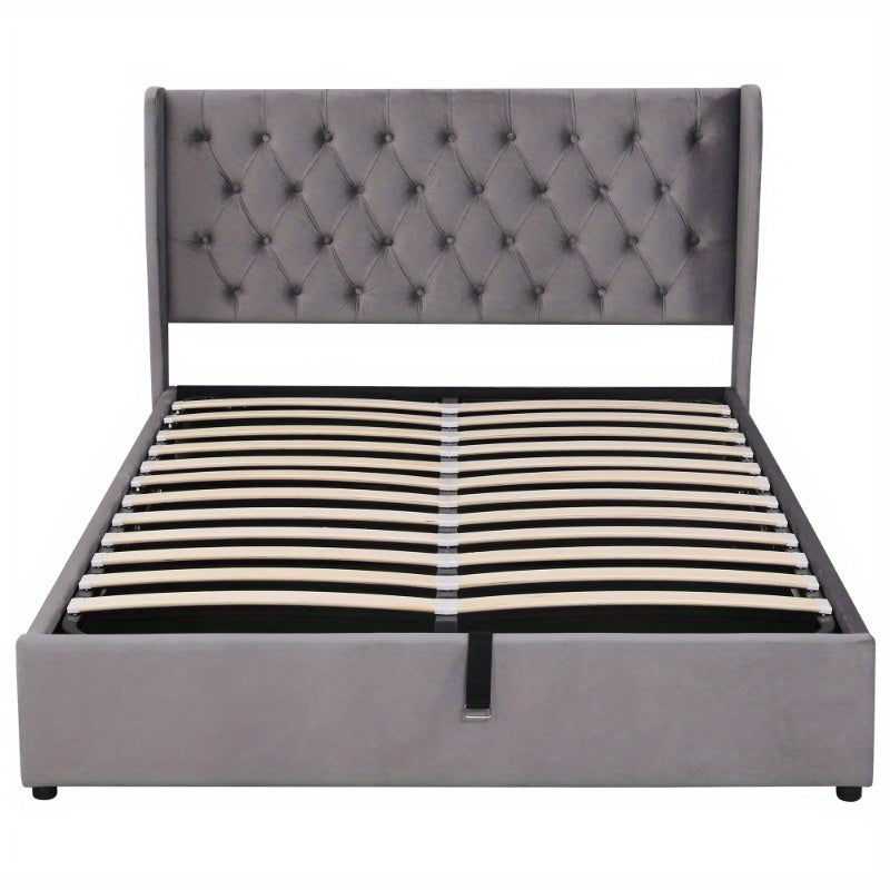 Bedbank – Slaapbank – Bedframe – Opbergbed – Logeerbed – Hydraulisch Opbergbed – Lattenbodem – 140x190 cm – Modern Grijs