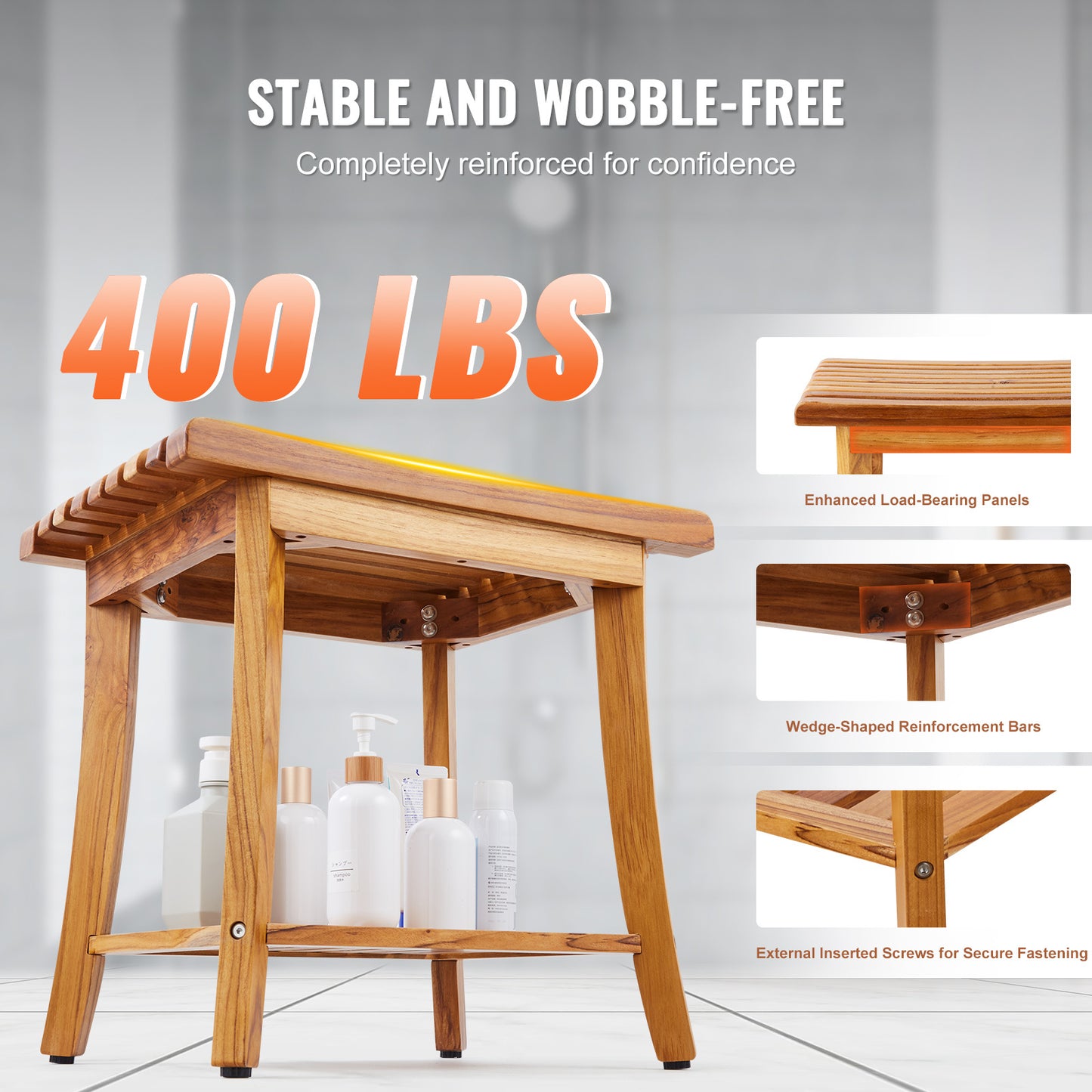 Douchebank – Douchezitje – Douchestoel – Badkamerkruk – Teak Houten Zitje – 20 x 14,3 x 17,9 Inch – 100% Massief Teakhout – Max Draagkracht 180 kg