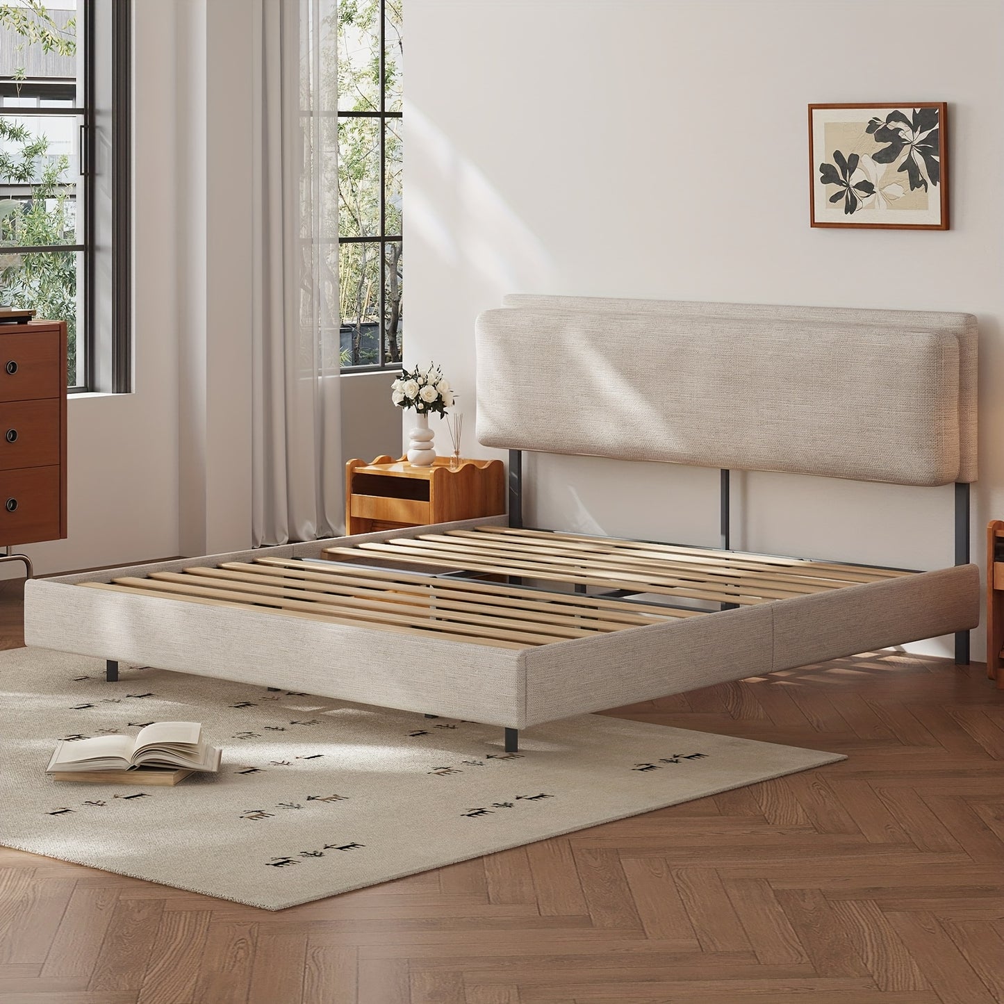 Bedframe – Bedbodem – Ledikant – Tweepersoonsbed – Slaapbank – 180x200 cm – Houtlook Met Metalen Poten – Geen Boxspring Nodig – Eenvoudige Montage – Beige Grijs