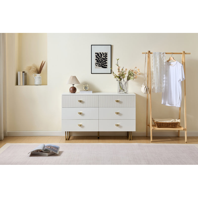 Dressoir – Kast – Ladekast – Opbergkast – Sideboard – Modern Design – 6 Laden – MDF & Stalen Poten – Wit Met Gouden Accenten – 120x40x75 cm