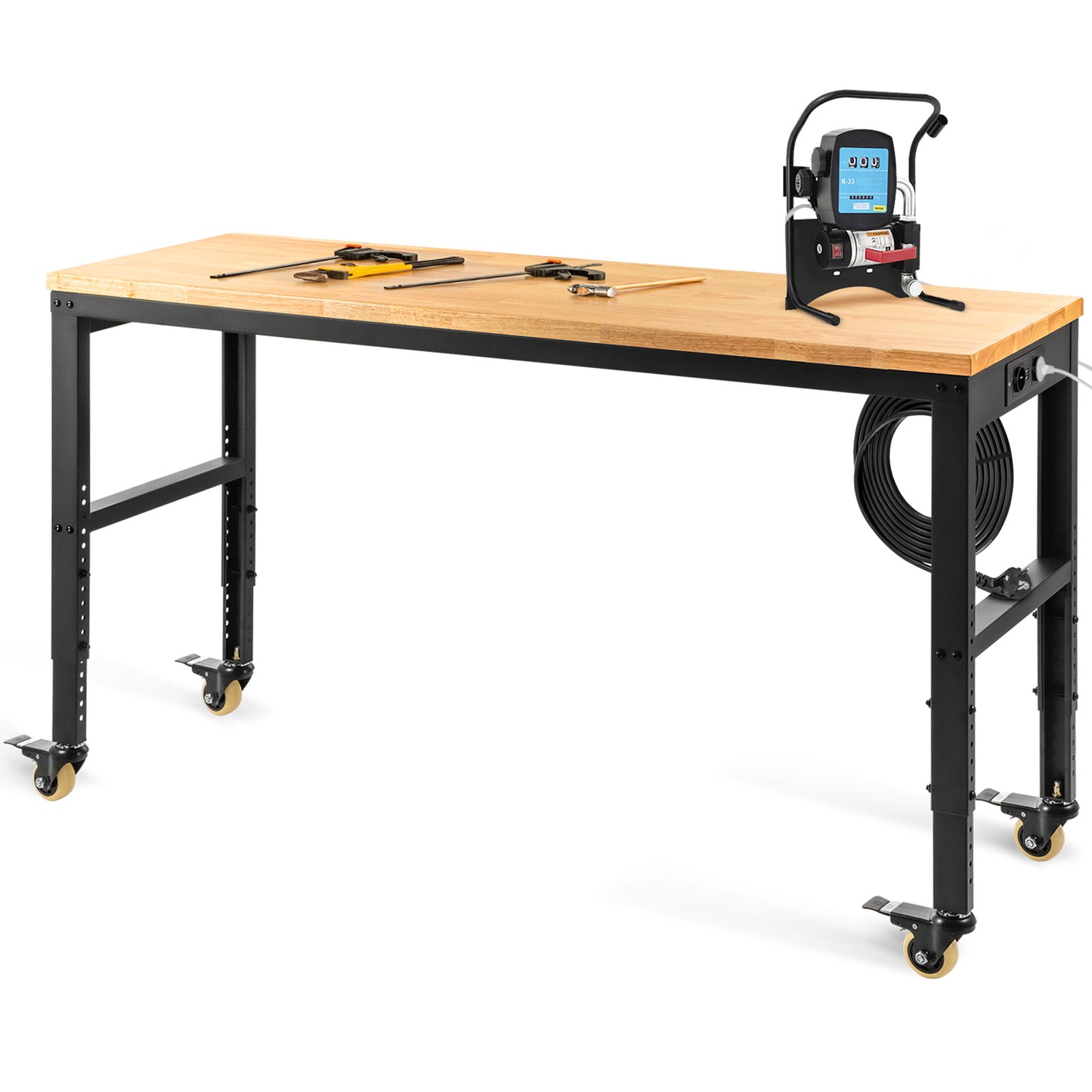 Verstelbare Werkbank – Werktafel – Werkbank Op Wielen – Werkruimte – Werkstation – 155x51 cm Massief Houten Blad – Ingebouwde Stroomvoorziening Met Usb Poorten
