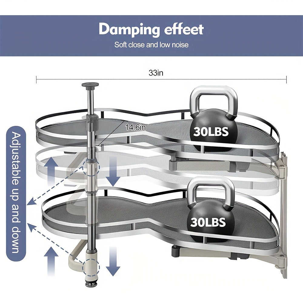 Hoekkast Organizer Keuken – Uittrekbare Kastinrichting – Keukenopberger – Draaiplateau Opberger – Bergsysteem Hoekkast – Pull Out Links & Open Deurtje Rechts – 2 Draaibare Plateaus – Metalen Duurzaam Design