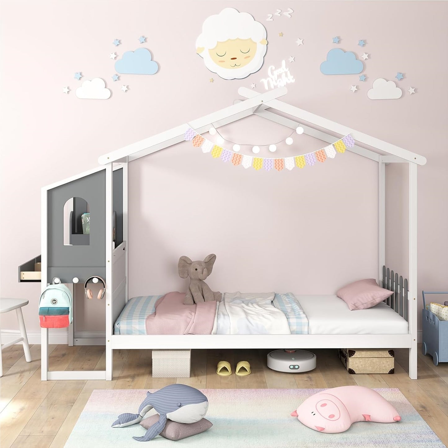 Huisbed – Kinderbed – Jeugdbed – Bed met Bureau – Bed met Laden – 90x200 cm – Houten Frame – Wit met Grijs