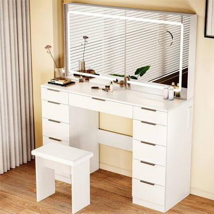 Kaptafel – Make-up Tafel – Toonbank – Dressoir – Schoonheidstafel – Wit – 11 Lades – Verstelbare LED Spiegel – Glazen Tafelblad – Inclusief Krukje