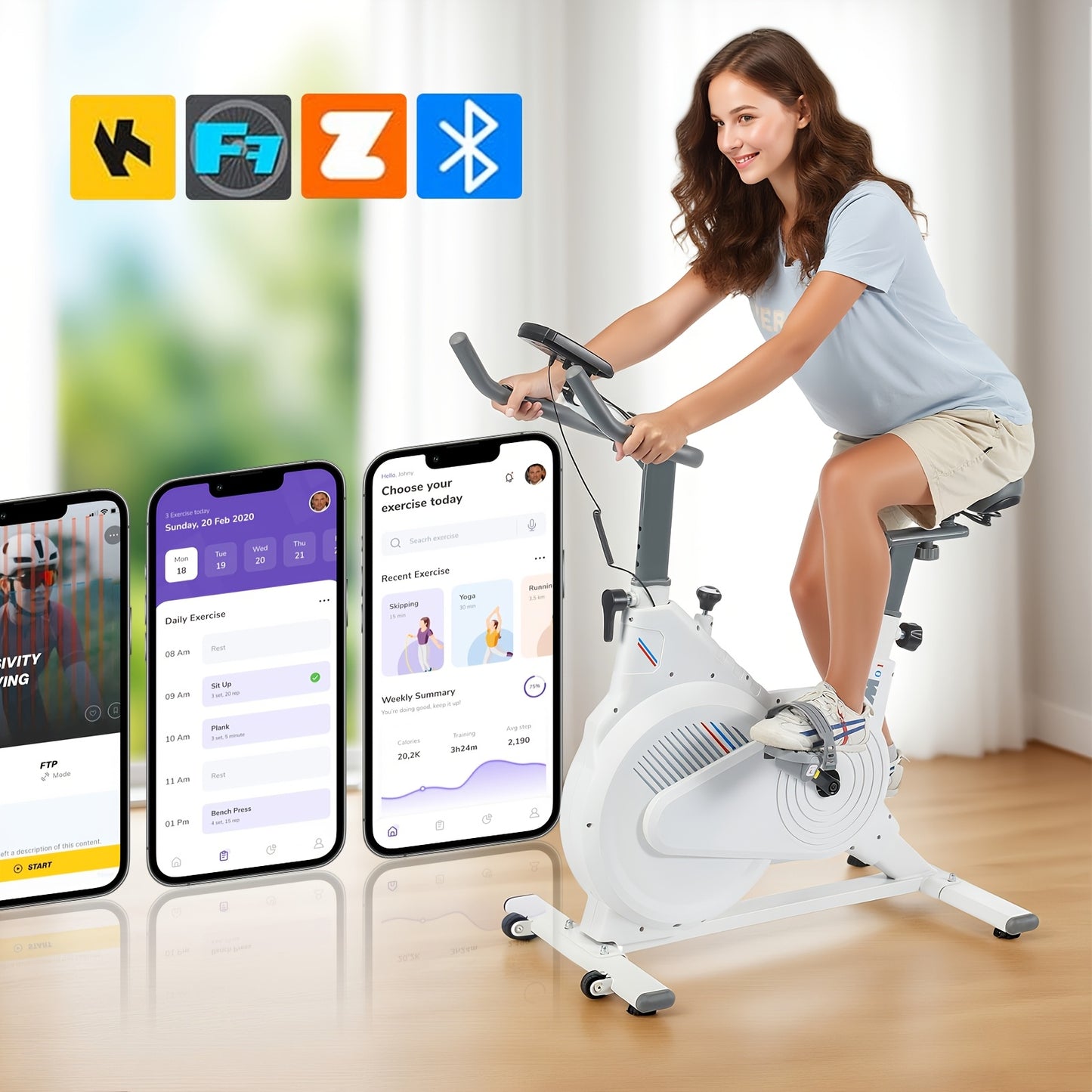 White Indoor Cycling Bike with 5kg Flywheel, Bluetooth App Connectivity (Kinomap), Heart Rate Monitoring, And 150kg Capacity - LCD Display for Speed, Calories, Time, Distance