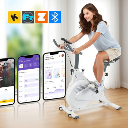 White Indoor Cycling Bike with 5kg Flywheel, Bluetooth App Connectivity (Kinomap), Heart Rate Monitoring, And 150kg Capacity - LCD Display for Speed, Calories, Time, Distance