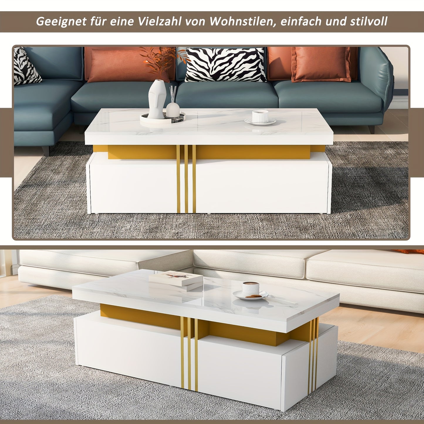Modern Coffee Table with 2 Storage Drawers - High-Gloss White Artificial Marble Top & Golden Metal Handles, 100x50x40cm, Hardwood Frame, Easy Assembly for Living Room, Coffee Table for Living Room, Decorative Centerpiece, Min
